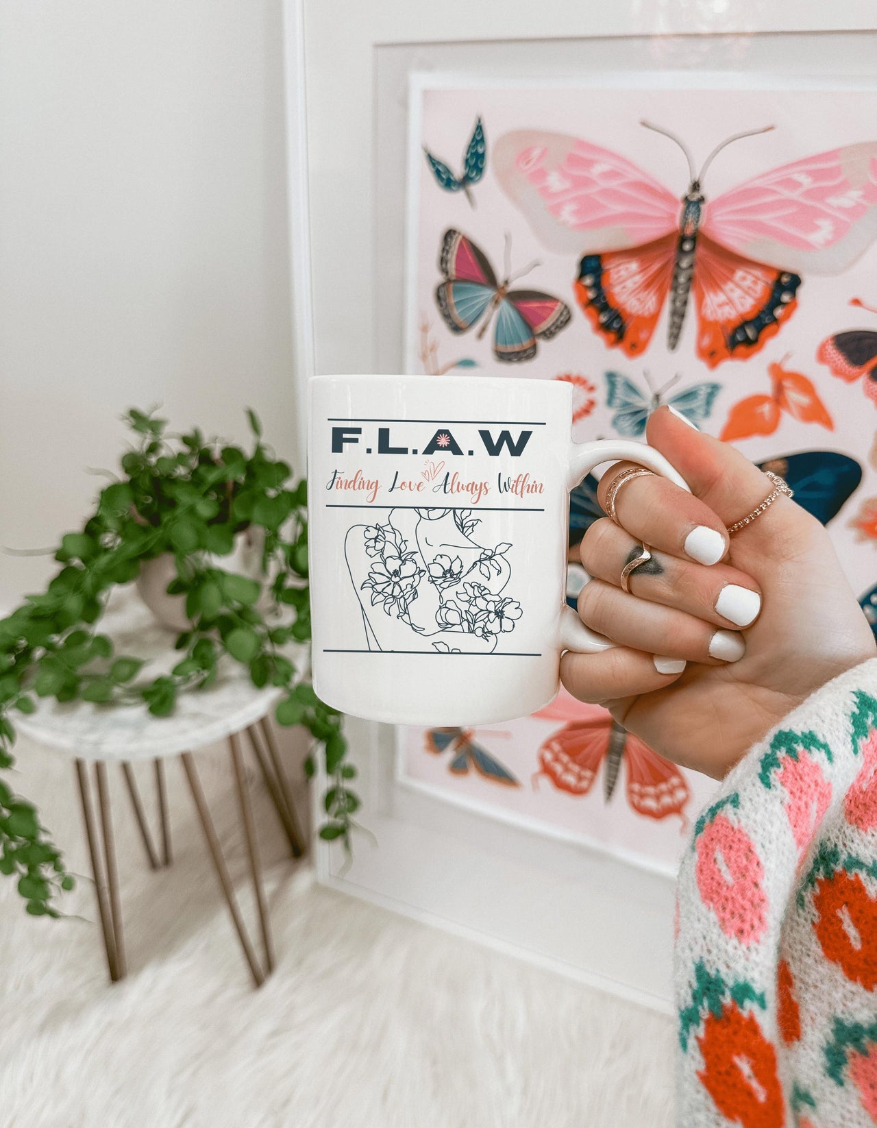 Minimalist Line Art Coffee Mug, FLAW Acronym, Inner Strength Cup Gift