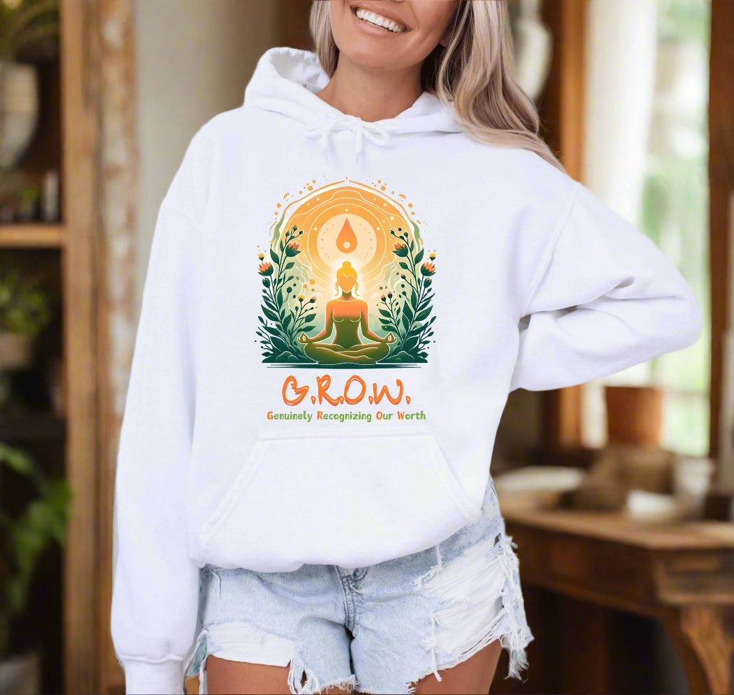 a woman wearing a white hoodie with the words grow on it
