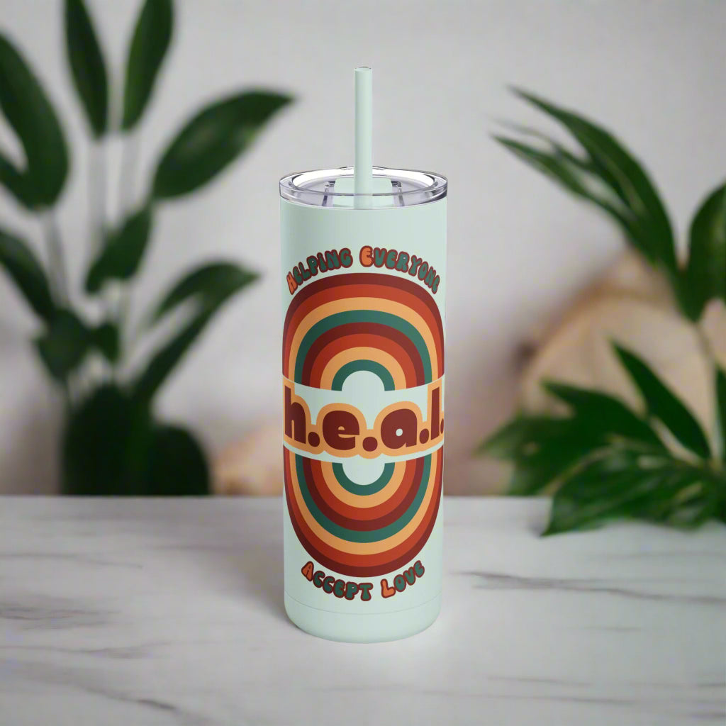 1970s Retro Graphic Travel Tumbler, Heal Typography for Mindful Living