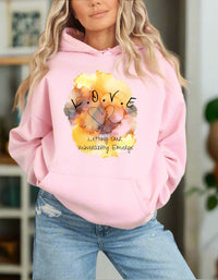 Thumbnail for a woman wearing a pink hoodie with the words love on it