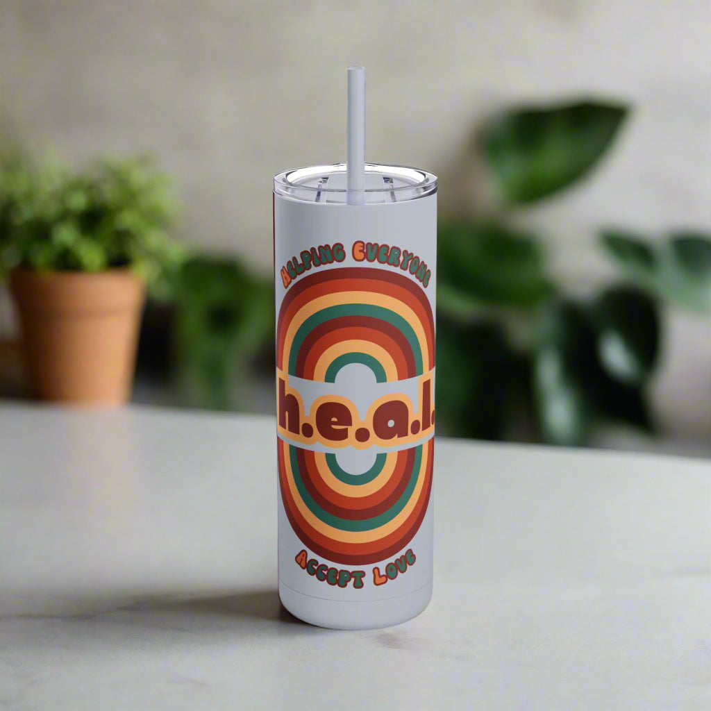 1970s Retro Graphic Travel Tumbler, Heal Typography for Mindful Living