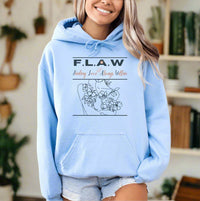 Thumbnail for a woman wearing a light blue hoodie that says flaw