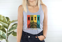 Thumbnail for a woman wearing a tank top with the word hate on it