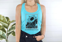 Thumbnail for a woman wearing a blue tank top with a sunflower on it