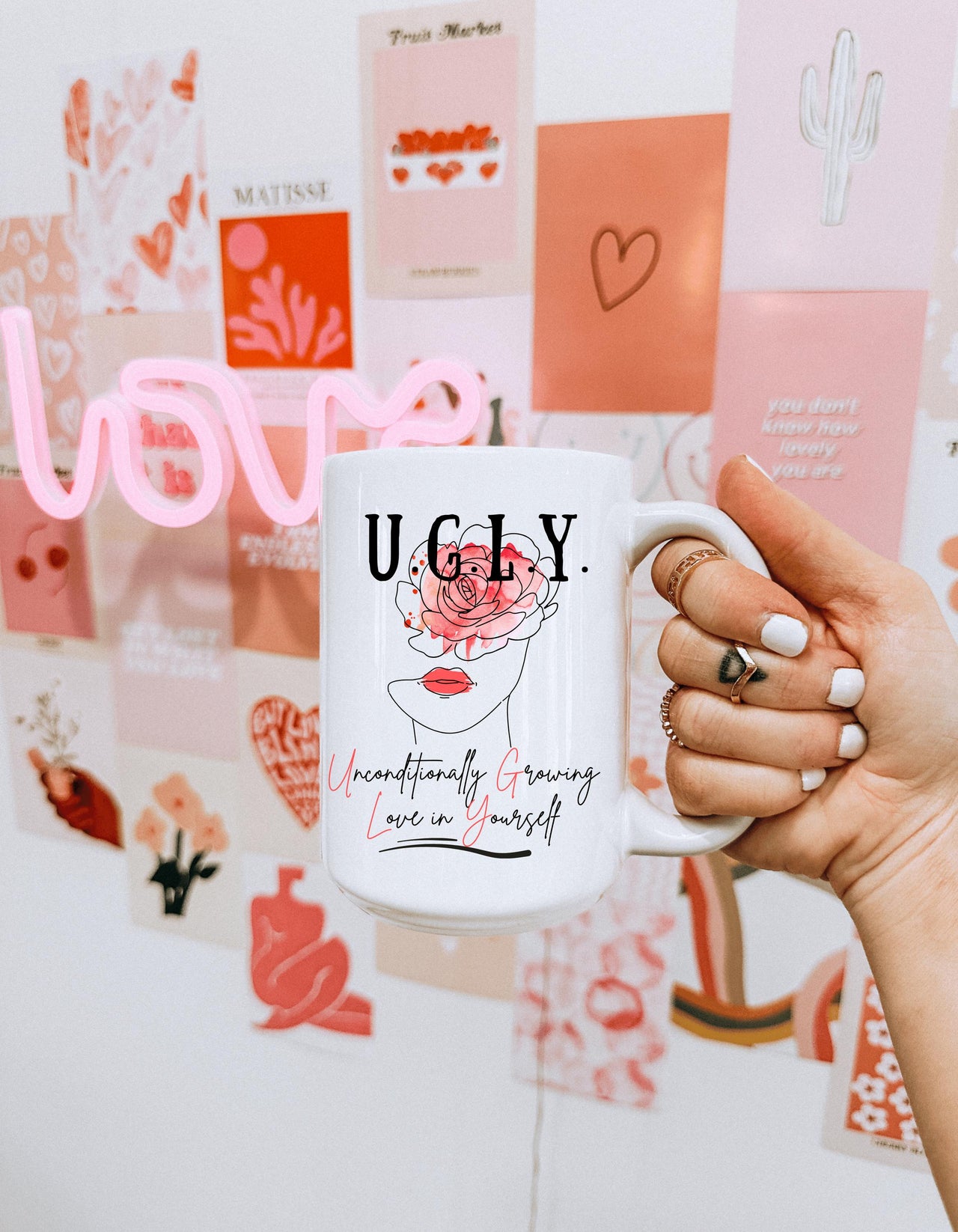 Unconditional Love Coffee Mug, Botanical Print, UGLY Acronym Cup Gift