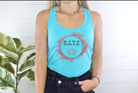 Thumbnail for a woman wearing a blue tank top with the word hale on it