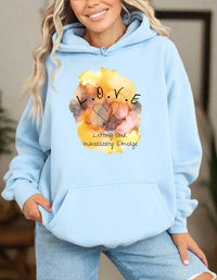 Thumbnail for a woman wearing a blue hoodie that says love