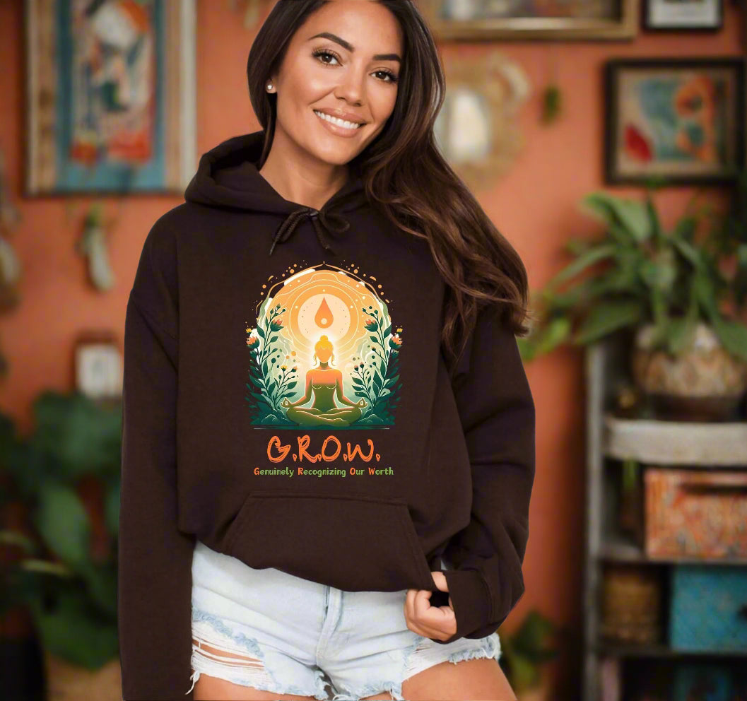 a woman wearing a brown hoodie with the words grow on it