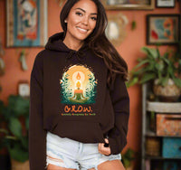 Thumbnail for a woman wearing a brown hoodie with the words grow on it