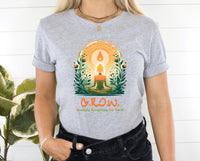 Thumbnail for a woman wearing a gray t - shirt with the words grow on it