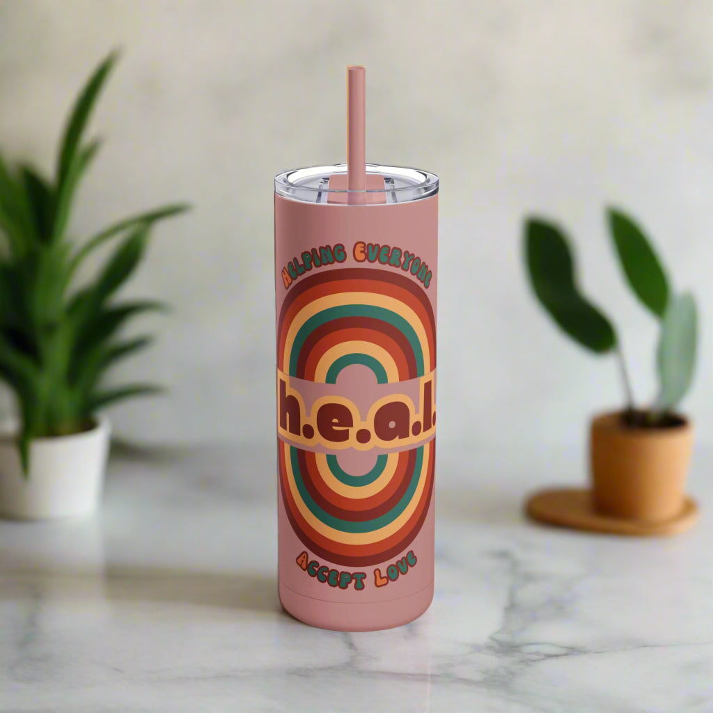 1970s Retro Graphic Travel Tumbler, Heal Typography for Mindful Living