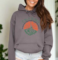 Thumbnail for a woman wearing a gray hoodie with a green and orange design
