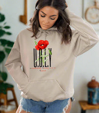 Thumbnail for a woman wearing a grey hoodie with a red flower on it