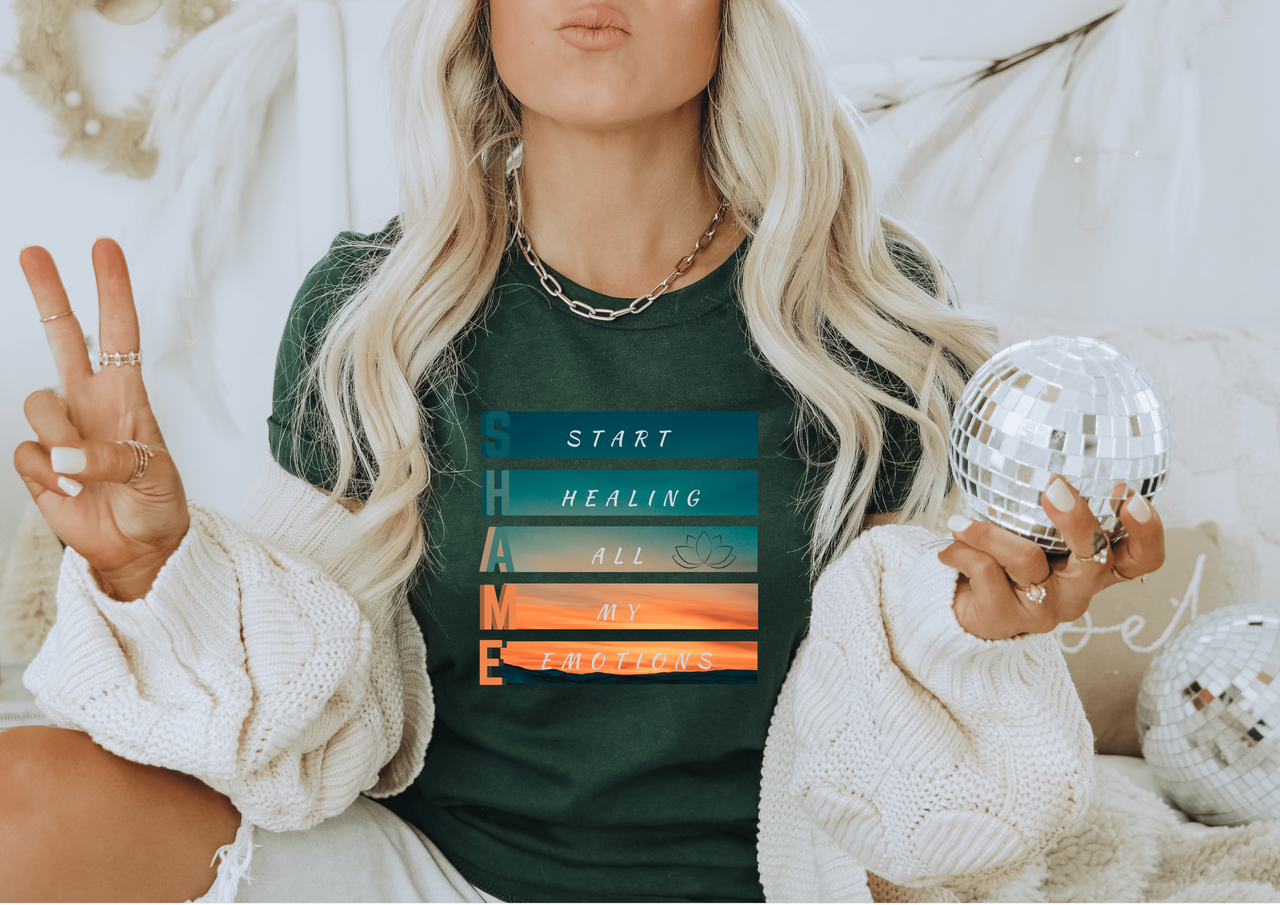 Mental Health Awareness S.H.A.M.E. Typography Tee, Empowering Healing