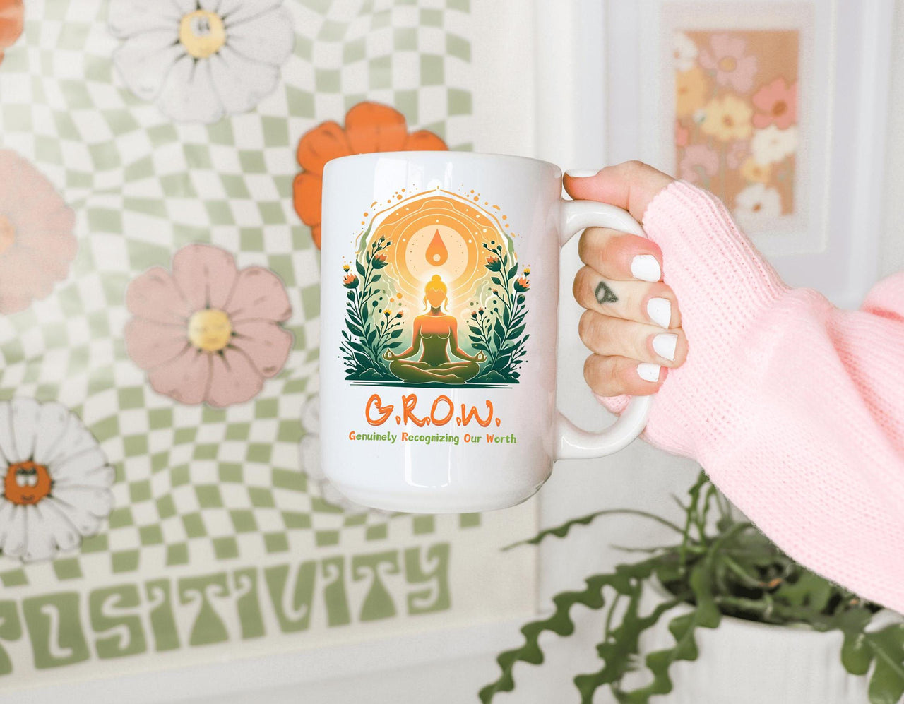 a person holding a coffee mug with a picture of a person on it