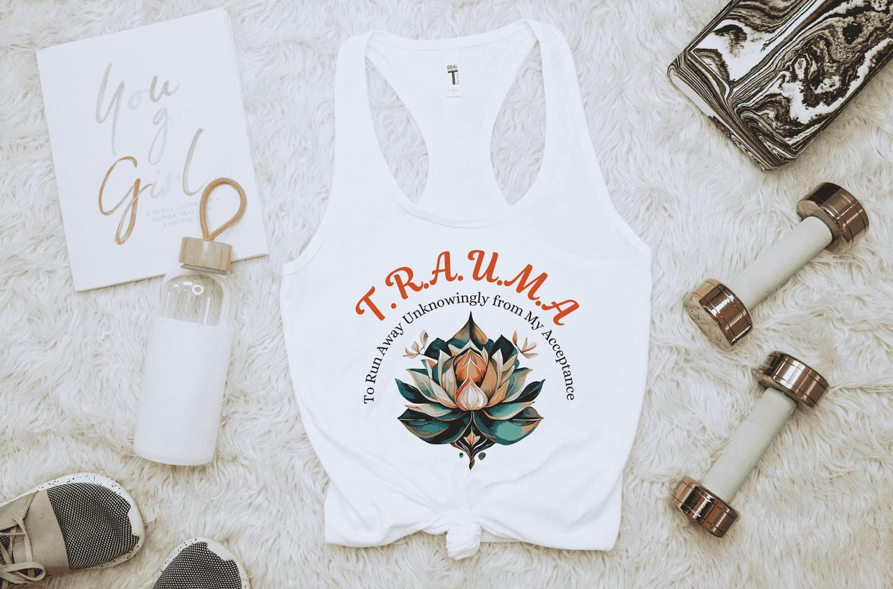 a white tank top with a flower on it