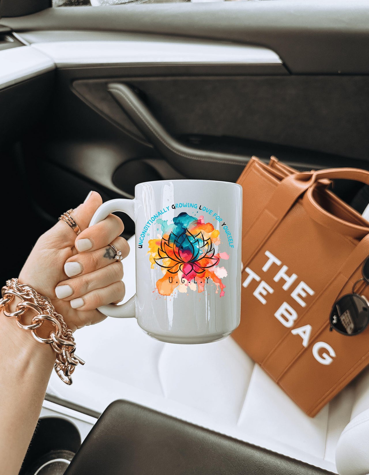Lotus Flower Coffee Cup, UGLY Acronym, Unconditional Love Mug