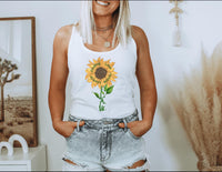 Thumbnail for a woman wearing a white tank top with a sunflower on it