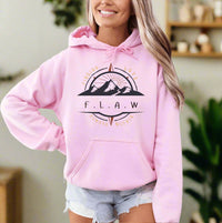 Thumbnail for a woman wearing a pink hoodie with a mountain scene on it