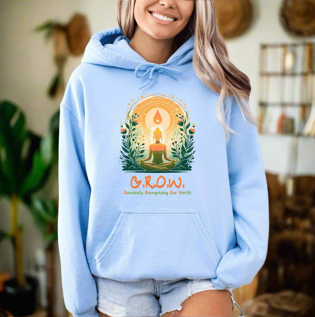 a woman wearing a light blue hoodie with the words grow on it