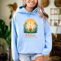 Thumbnail for a woman wearing a light blue hoodie with the words grow on it