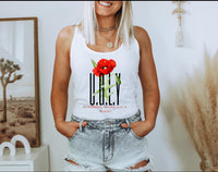 Thumbnail for a woman wearing a white tank top with a red rose on it
