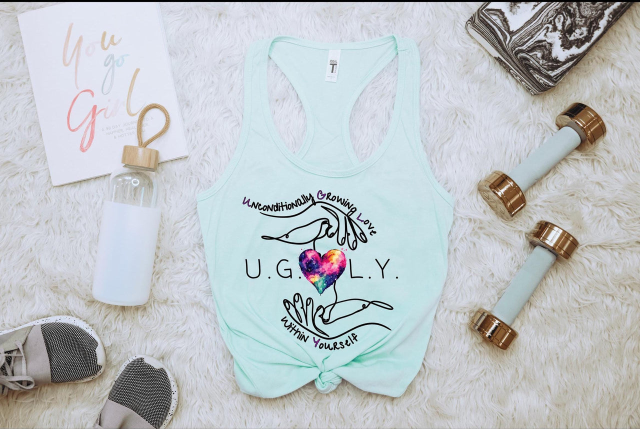 a women's tank top with the words uglily printed on it