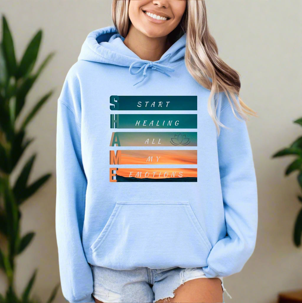 a woman wearing a blue hoodie that says start walking all my directions