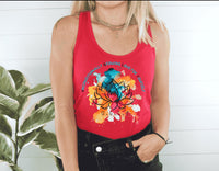Thumbnail for a woman wearing a red tank top with a flower on it