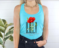 Thumbnail for a woman wearing a blue tank top with a red flower on it
